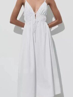 Zara White Poplin Midi Dress with Straps